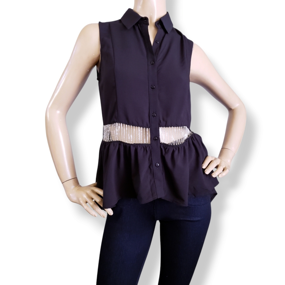 Mustard Seed Black Metal Chain Paneled Collared Peplum Blouse Size Small